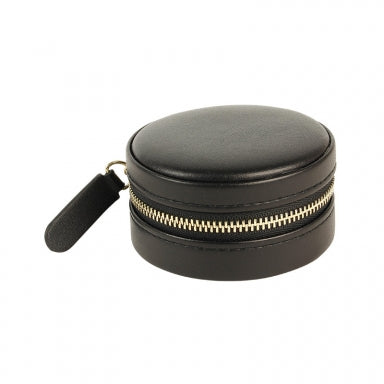 Round, black, zipped smooth finish leatherette travel jewellery box