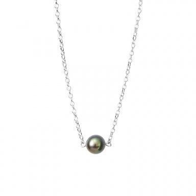 Round cultured Tahitian pearl on rhodium-plated sterling silver necklace