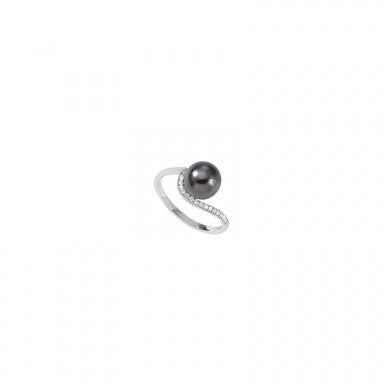 Round cultured Tahitian pearl ring, rhodium-plated sterling silver with cubic zironia