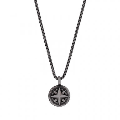 Round necklace with compass rose, weathered steel