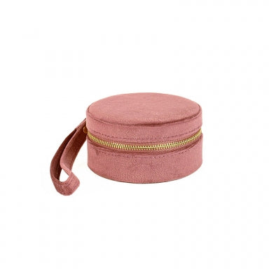 Round powder pink jewellery box in man-made velvet with mirror