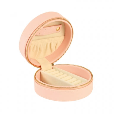 Round quilted man-made pink leatherette jewellery box