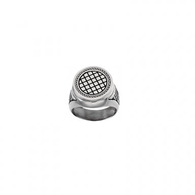 Round steel signet ring for Him with chequerboard plateau