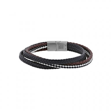 5-row bracelet in black, brown and black/white plaited cowhide leather, steel clasp