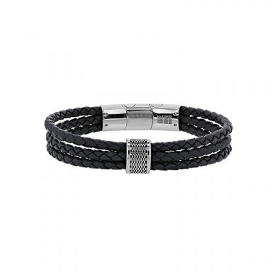 3-row bracelet in black cowhide leather, patterned bead and shiny steel magnetic clasp