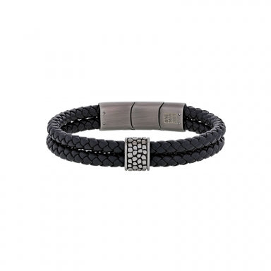 2-row bracelet in black cowhide leather, reptile pattern on bead and magnetic steel clasp