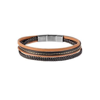 4-row plaited and smooth black and gold cowhide leather adjustable bracelet with steel clasp