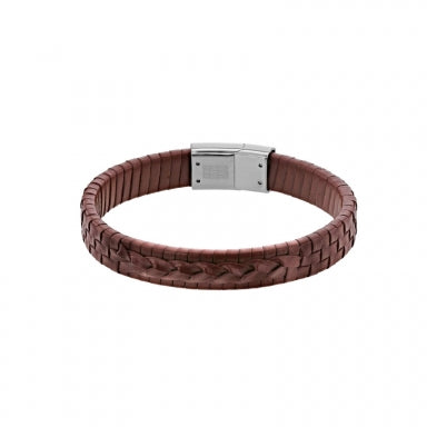 Satin-finished brown woven cowhide leather bracelet with magnetic steel clasp