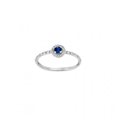 Solitaire 18ct gold and Ceylan sapphire with Diamond, centre stone 3 mm with halo setting 26 diamonds 0,12 ct HSI quality