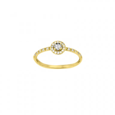 Solitaire 18ct gold and Diamond, centre stone 1 diamond 0,06 ct with halo setting 26 diamonds 0,15 ct HSI quality