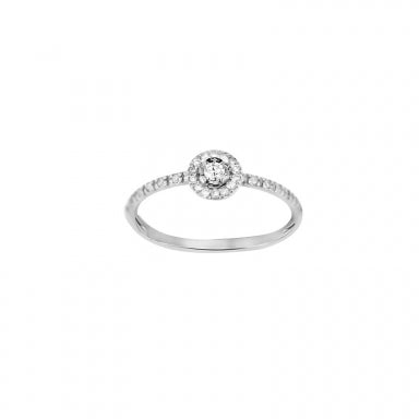 Solitaire 18ct gold and Diamond, centre stone 1 diamond 0,06 ct with halo setting 26 diamonds 0,15 ct HSI quality