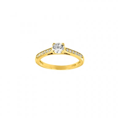 Solitaire 18ct gold and Diamond, centre stone 1 diamond 0,18 ct with halo setting 12 diamonds 0,12 ct HSI quality