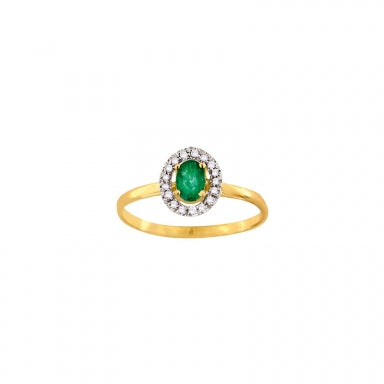 Solitaire 18ct gold and Emerald with Diamond, centre stone 6x4 mm with halo setting 17 diamonds 0,12 ct HSI quality