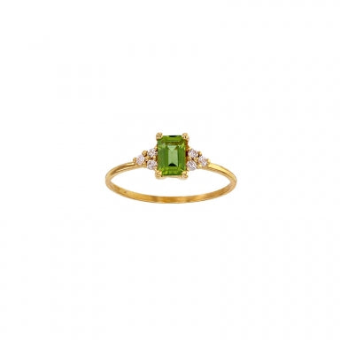 Solitaire 18ct gold and Peridot with Diamond, center stone 6x4 mm with halo setting 6 diamonds 0,09 ct GVS quality