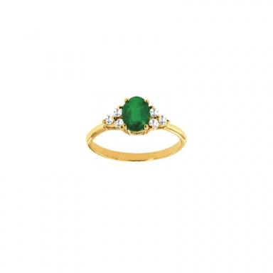 Solitaire, 7x5mm oval emerald, with 6 0.18ct HSI diamonds, 750 gold