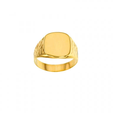 Square 9ct gold signet ring with motifs engraved on the shoulders