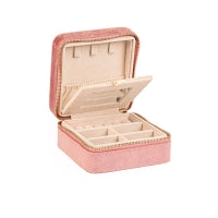 Square powder pink jewellery box in man-made velvet