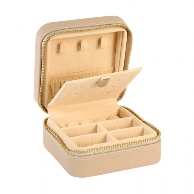 Square zipped jewellery box in man-made taupe leatherette - full grain finish