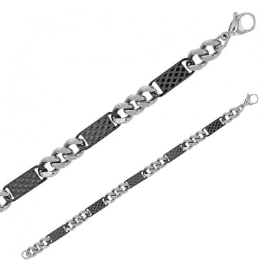 Steel bracelet with heavy curb chain links and black rectangular steel plaques