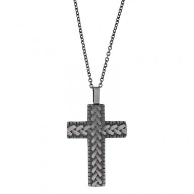 Steel necklace for Him, crucifix pendant with weave pattern finish