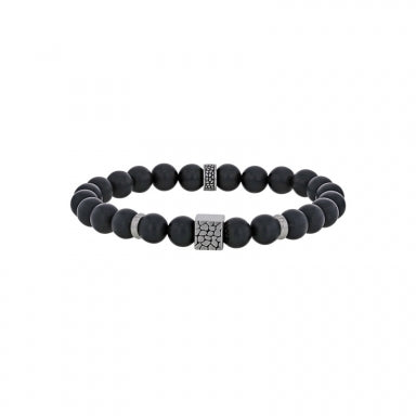 Stretch black agate bead bracelet with steel trimmings