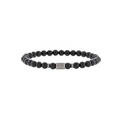 Stretch bracelet with black agate beads and patterned steel tubular bead