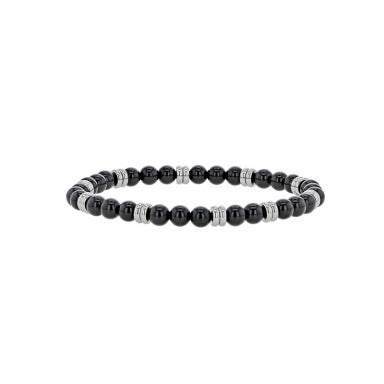 Stretch bracelet with black agate beads and steel spacers