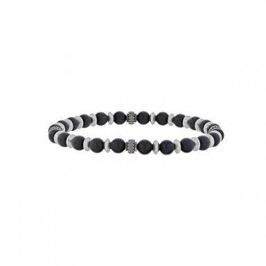 Stretch bracelet with black agate beads, spinning and grooved beads in embossed steel