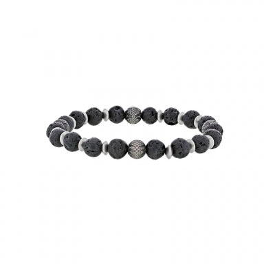 Stretch bracelet with volcanic lava and steel spinning beads with embossed patterns