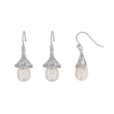 Suspended cultured freshwater pearl earrings under a rhodium plated sterling silver cone mesh