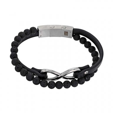 Two strand bracelet, black cowhide and beads of volcanic lava, steel infinity symbol and clasp