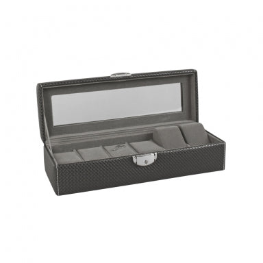 Weave-finish man-made leatherette watch case for 6 watches with glass lid