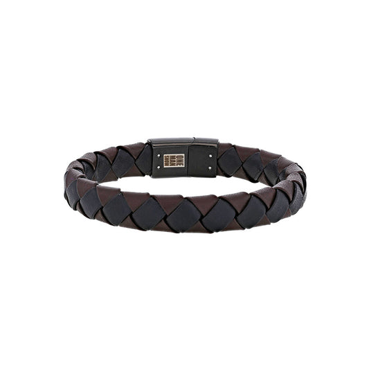 Criss-crossed black and brown cowhide leather bracelet